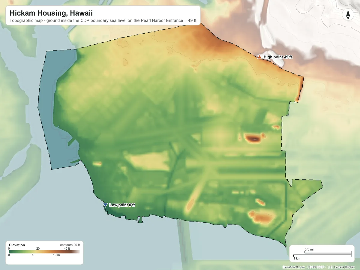 Topographic elevation map of Hickam Housing, Hawaii, shaded from sea level level on the Pearl Harbor Entrance to 49 ft on the east side