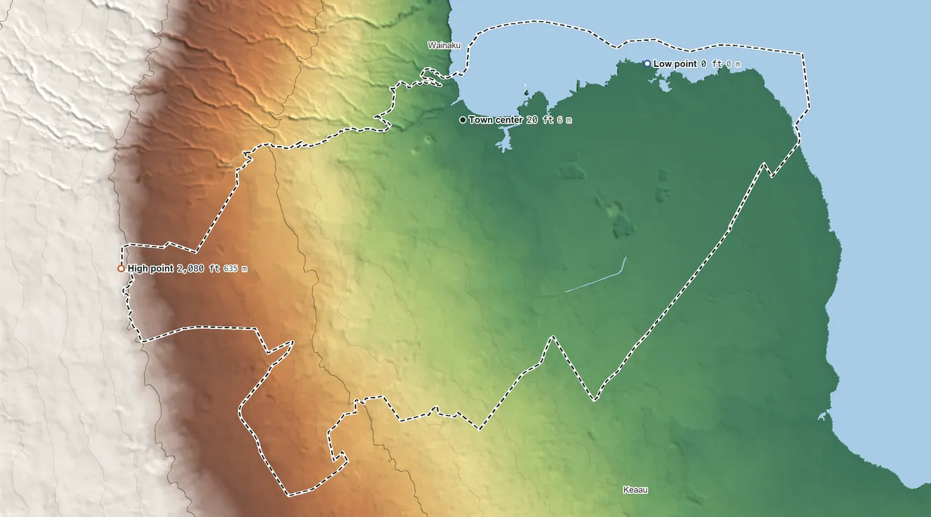 Topographic elevation map of Hilo, Hawaii, shaded from sea level level on the Pacific Ocean to 2,080 ft on the southwest edge, below higher ground just outside