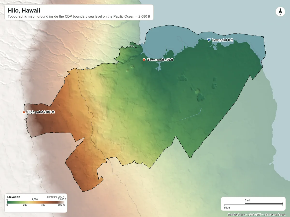 Topographic elevation map of Hilo, Hawaii, shaded from sea level level on the Pacific Ocean to 2,080 ft on the southwest edge, below higher ground just outside