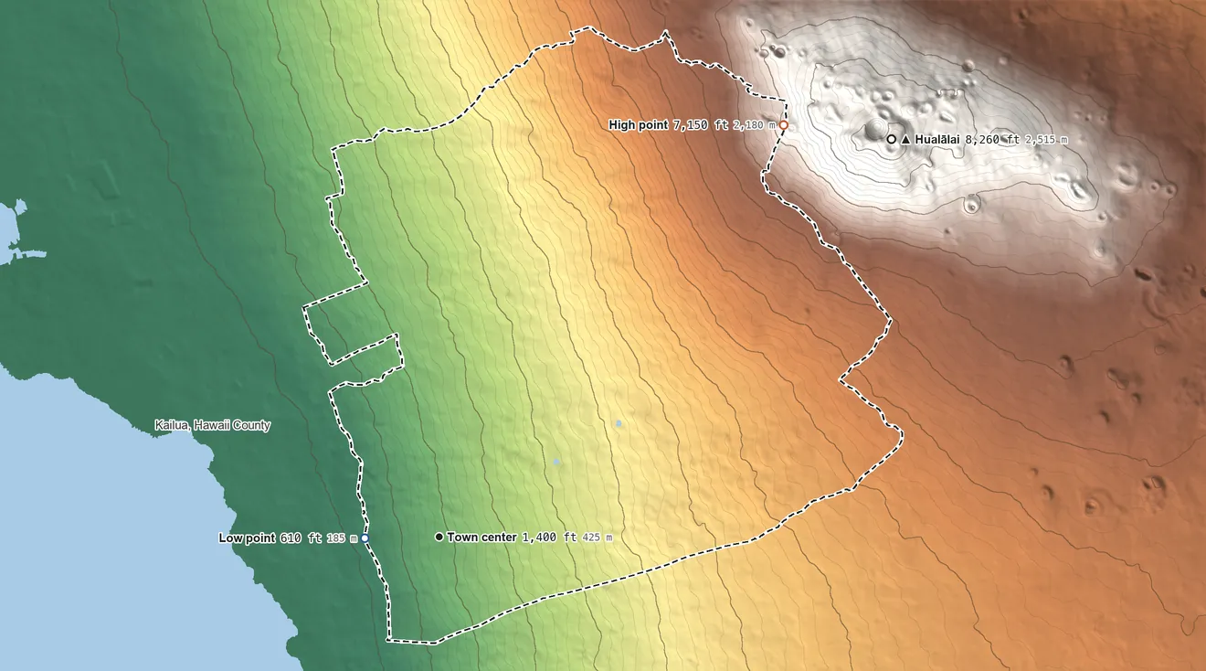 Topographic elevation map of Holualoa, Hawaii, shaded from 610 ft near the middle to 7,150 ft on the northeast edge, below higher ground just outside