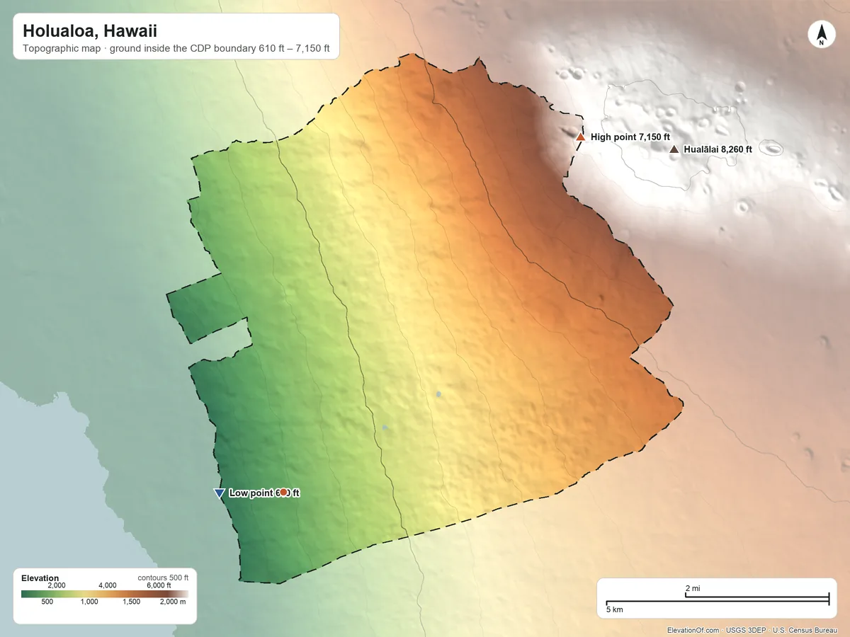 Topographic elevation map of Holualoa, Hawaii, shaded from 610 ft near the middle to 7,150 ft on the northeast edge, below higher ground just outside