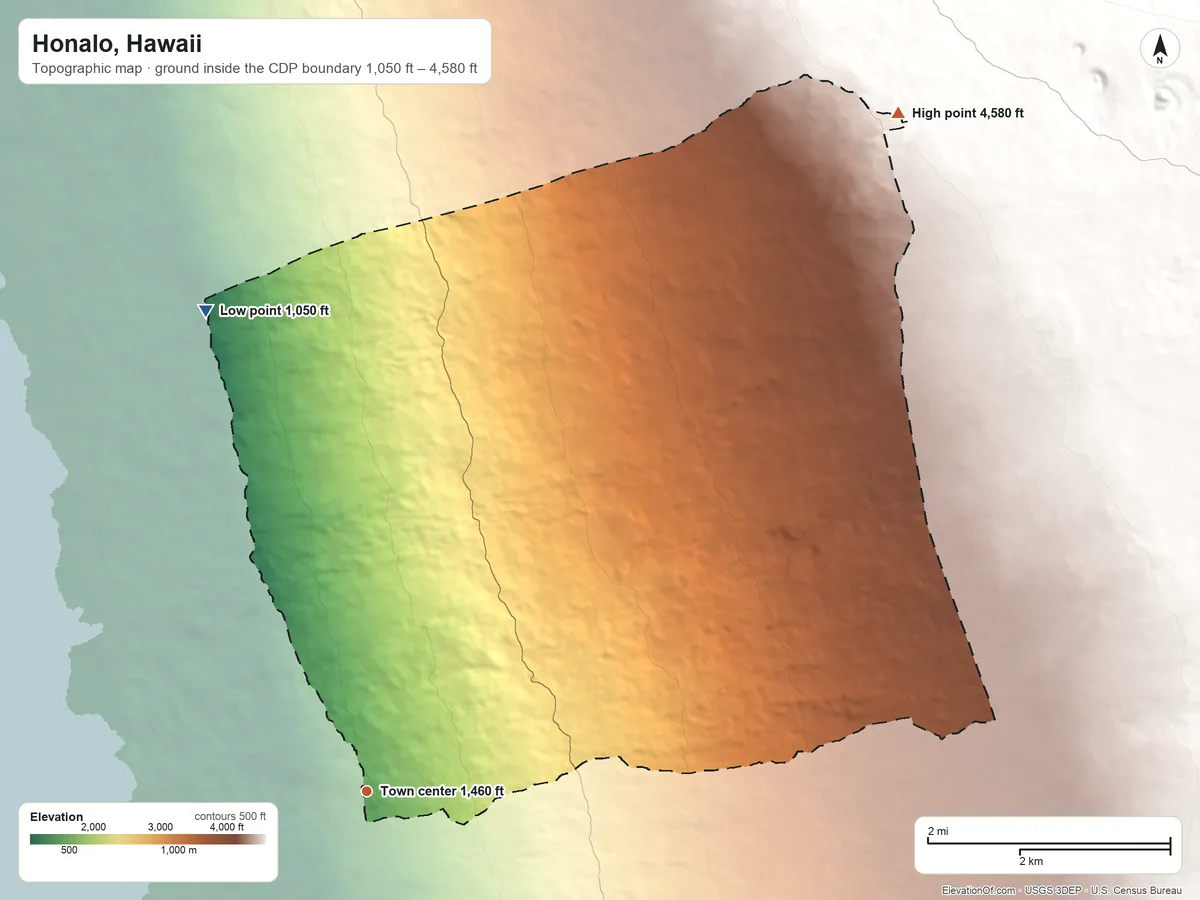 Topographic elevation map of Honalo, Hawaii, shaded from 1,050 ft on the north side to 4,580 ft on the northeast edge, below higher ground just outside