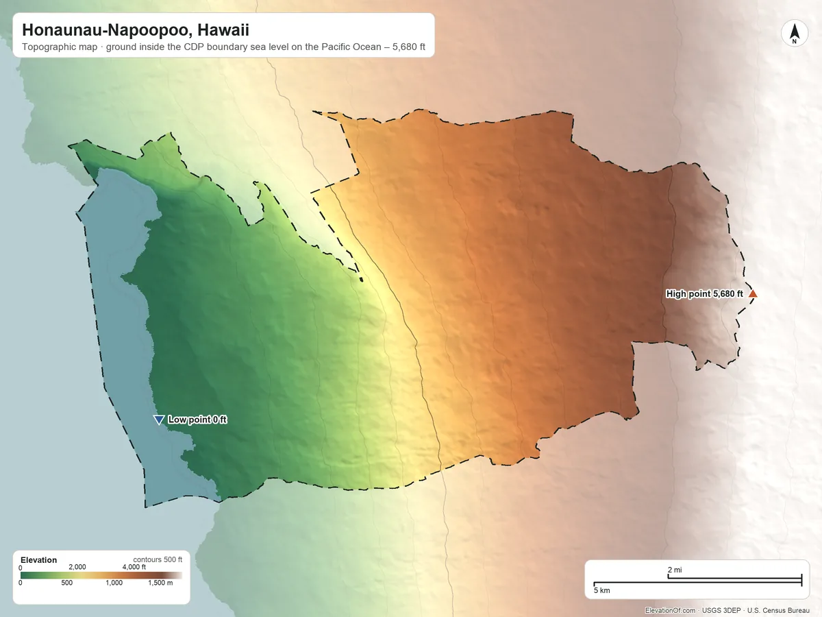 Topographic elevation map of Honaunau-Napoopoo, Hawaii, shaded from sea level level on the Pacific Ocean to 5,680 ft on the east edge, below higher ground just outside