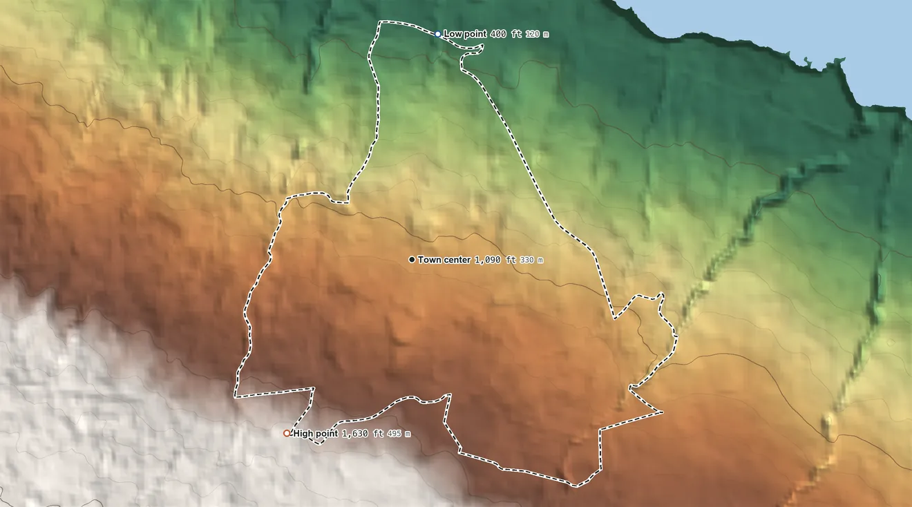 Topographic elevation map of Honokaa, Hawaii, shaded from 400 ft on the north side to 1,630 ft on the southwest edge, below higher ground just outside