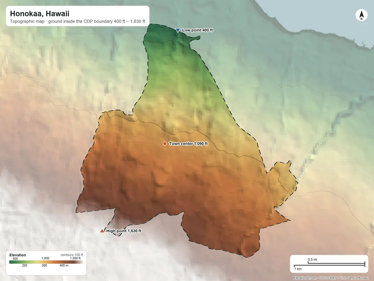 Topographic elevation map of Honokaa, Hawaii, shaded from 400 ft on the north side to 1,630 ft on the southwest edge, below higher ground just outside