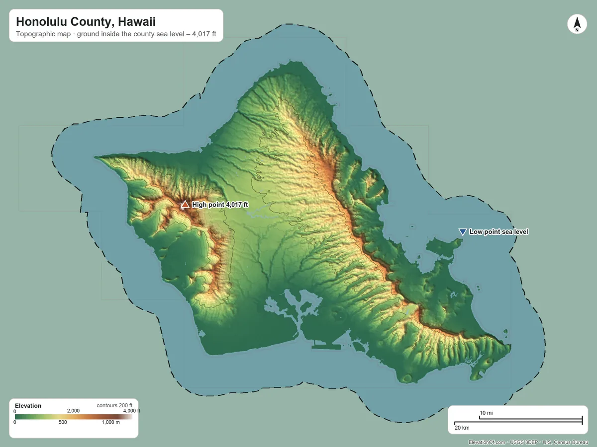 Topographic elevation map of Honolulu County, Hawaii, shaded from sea level on the Pacific Ocean to 4,017 ft on Kaʻala