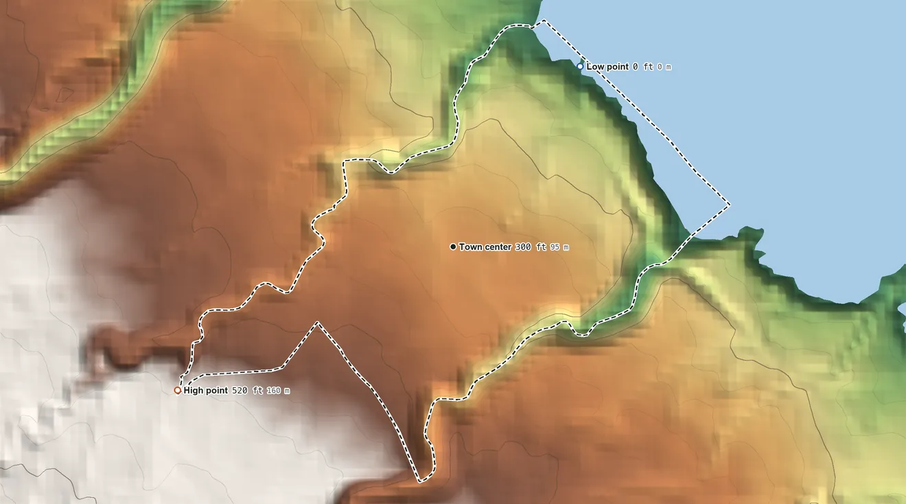 Topographic elevation map of Honomu, Hawaii, shaded from sea level level on the Pacific Ocean to 520 ft on the southwest edge, below higher ground just outside
