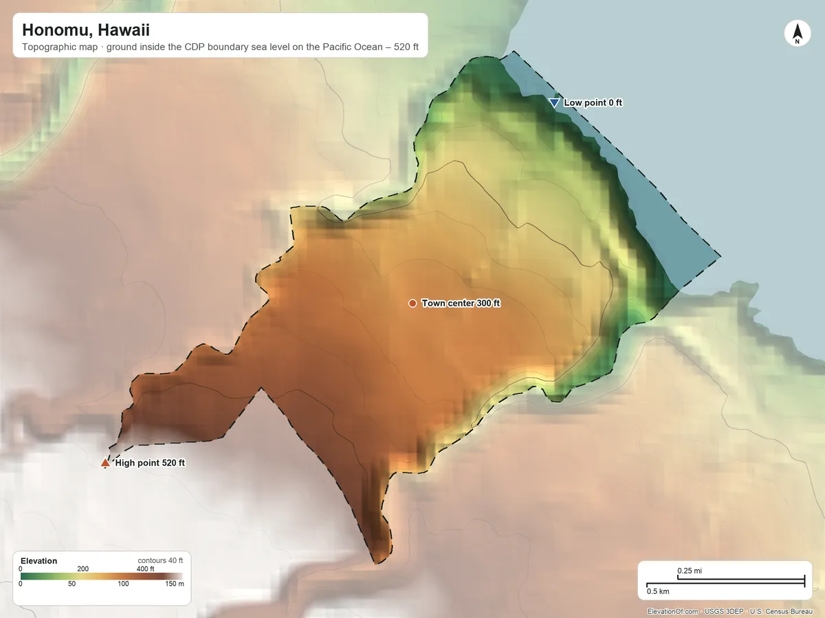 Topographic elevation map of Honomu, Hawaii, shaded from sea level level on the Pacific Ocean to 520 ft on the southwest edge, below higher ground just outside