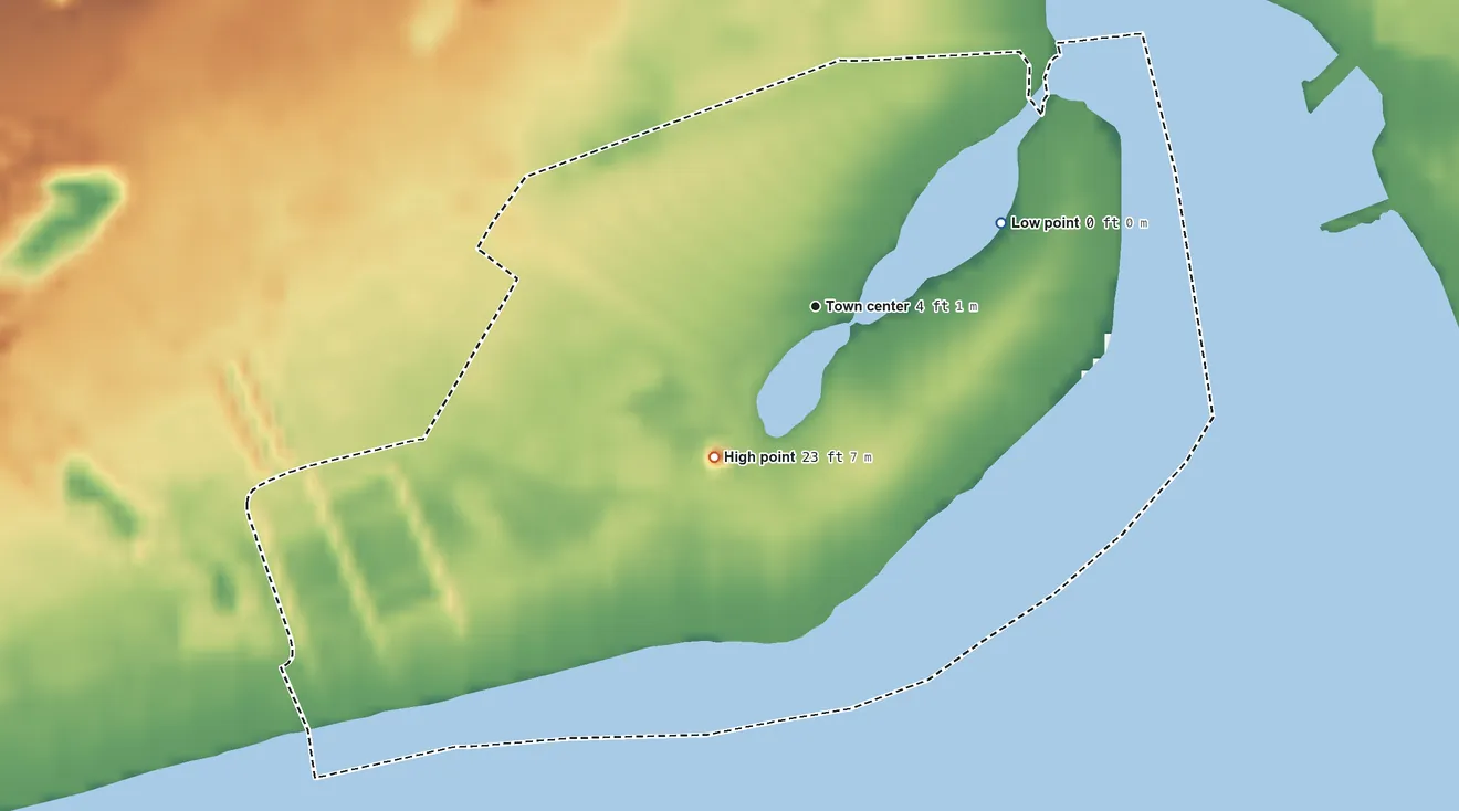 Topographic elevation map of Iroquois Point, Hawaii, shaded from sea level level on the Pearl Harbor Entrance to 23 ft on the southwest side