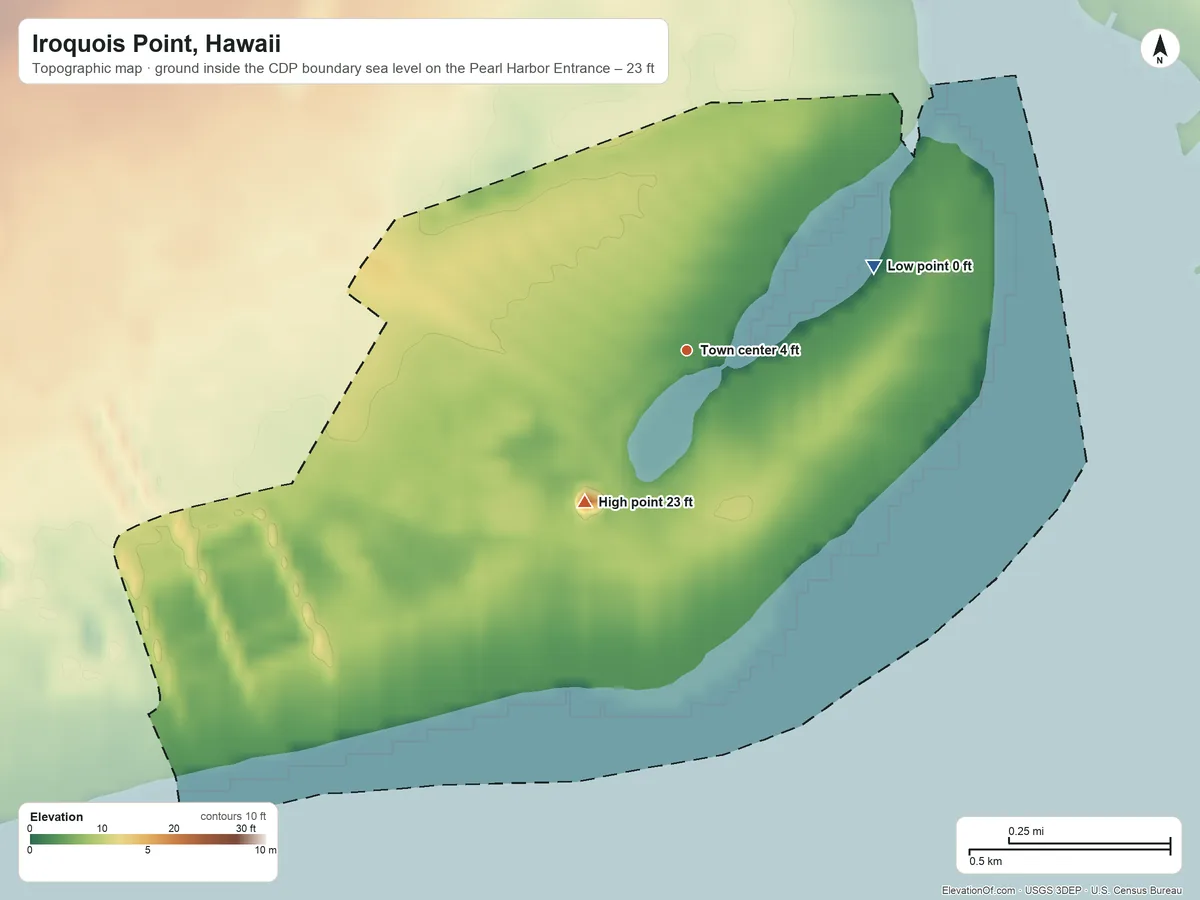 Topographic elevation map of Iroquois Point, Hawaii, shaded from sea level level on the Pearl Harbor Entrance to 23 ft on the southwest side