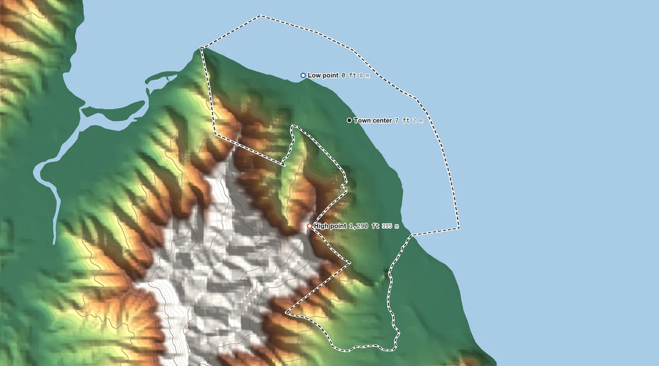 Topographic elevation map of Kaaawa, Hawaii, shaded from sea level level on the Pacific Ocean to 1,290 ft at the foot of the Oneawa Hills