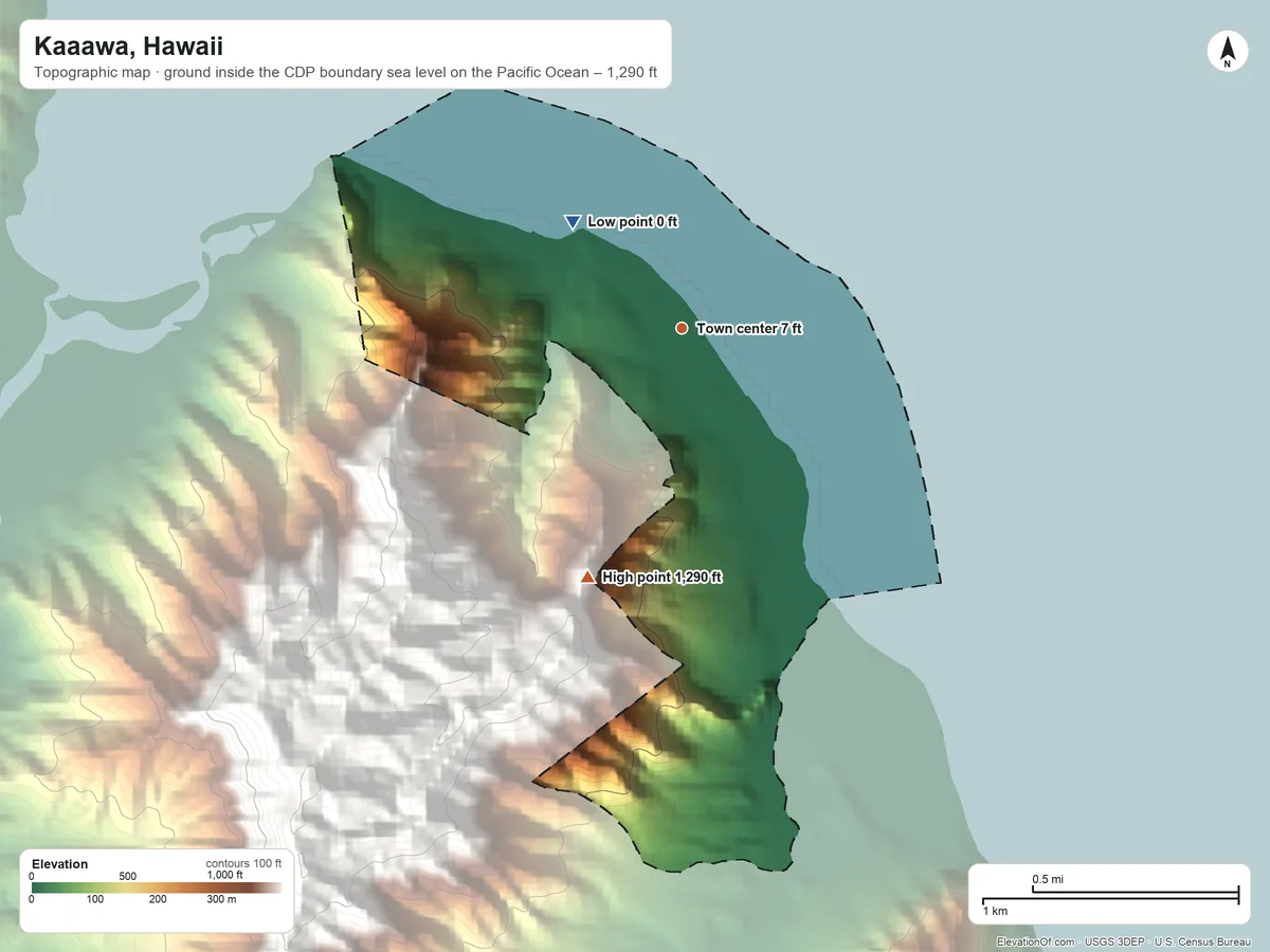 Topographic elevation map of Kaaawa, Hawaii, shaded from sea level level on the Pacific Ocean to 1,290 ft at the foot of the Oneawa Hills