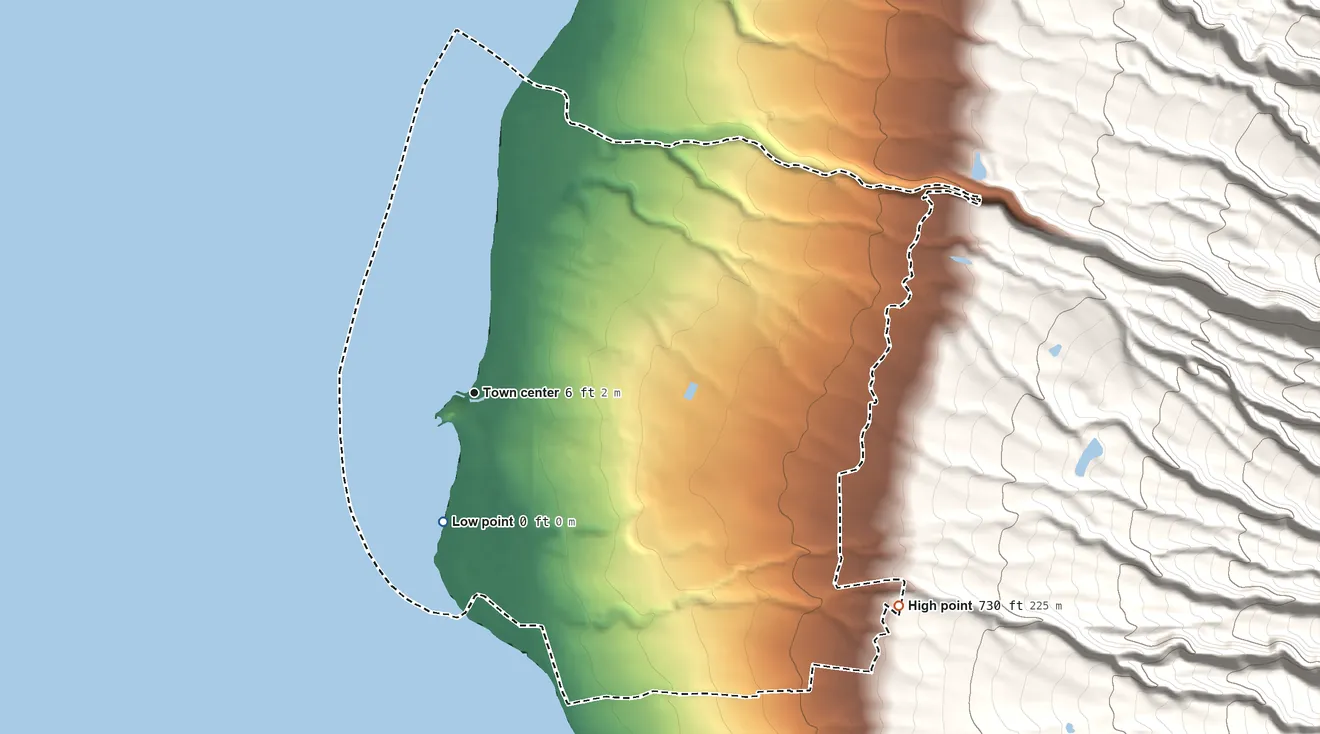 Topographic elevation map of Kaanapali, Hawaii, shaded from sea level level on the Pacific Ocean to 730 ft on the southeast edge, below higher ground just outside