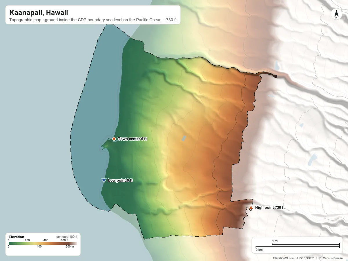 Topographic elevation map of Kaanapali, Hawaii, shaded from sea level level on the Pacific Ocean to 730 ft on the southeast edge, below higher ground just outside