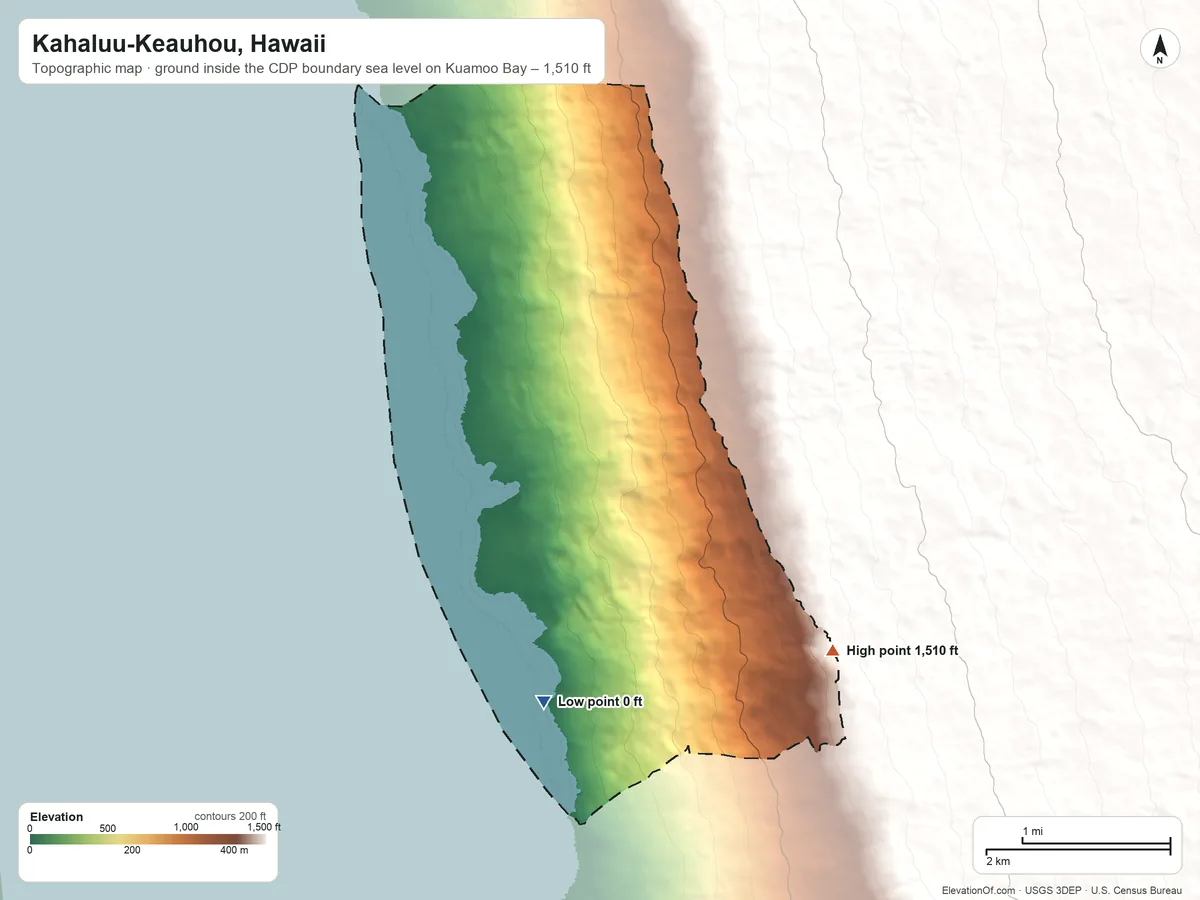 Topographic elevation map of Kahaluu-Keauhou, Hawaii, shaded from sea level level on Kuamoo Bay to 1,510 ft on the southeast edge, below higher ground just outside