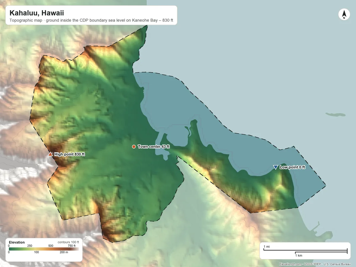 Topographic elevation map of Kahaluu, Hawaii, shaded from sea level level on Kaneohe Bay to 830 ft on the west edge, below higher ground just outside