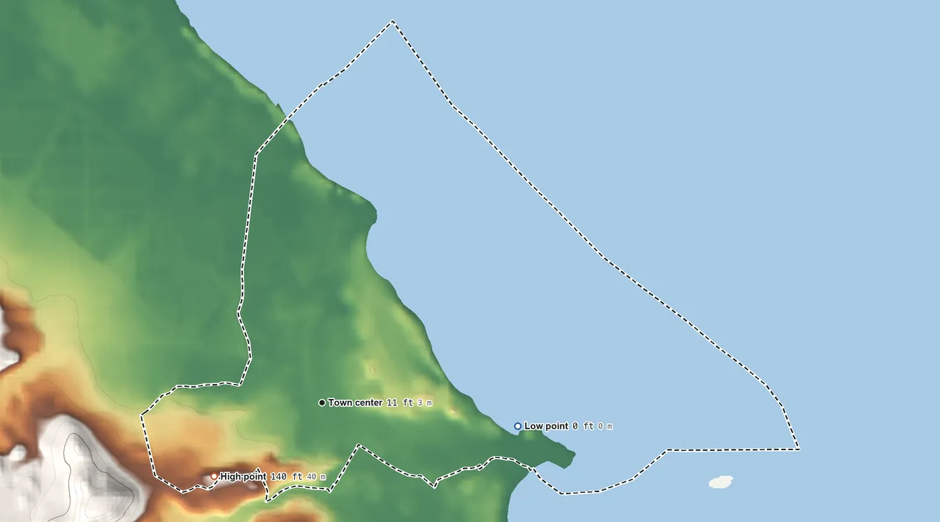 Topographic elevation map of Kahuku, Hawaii, shaded from sea level level on the Pacific Ocean to 140 ft on the southwest edge, below higher ground just outside