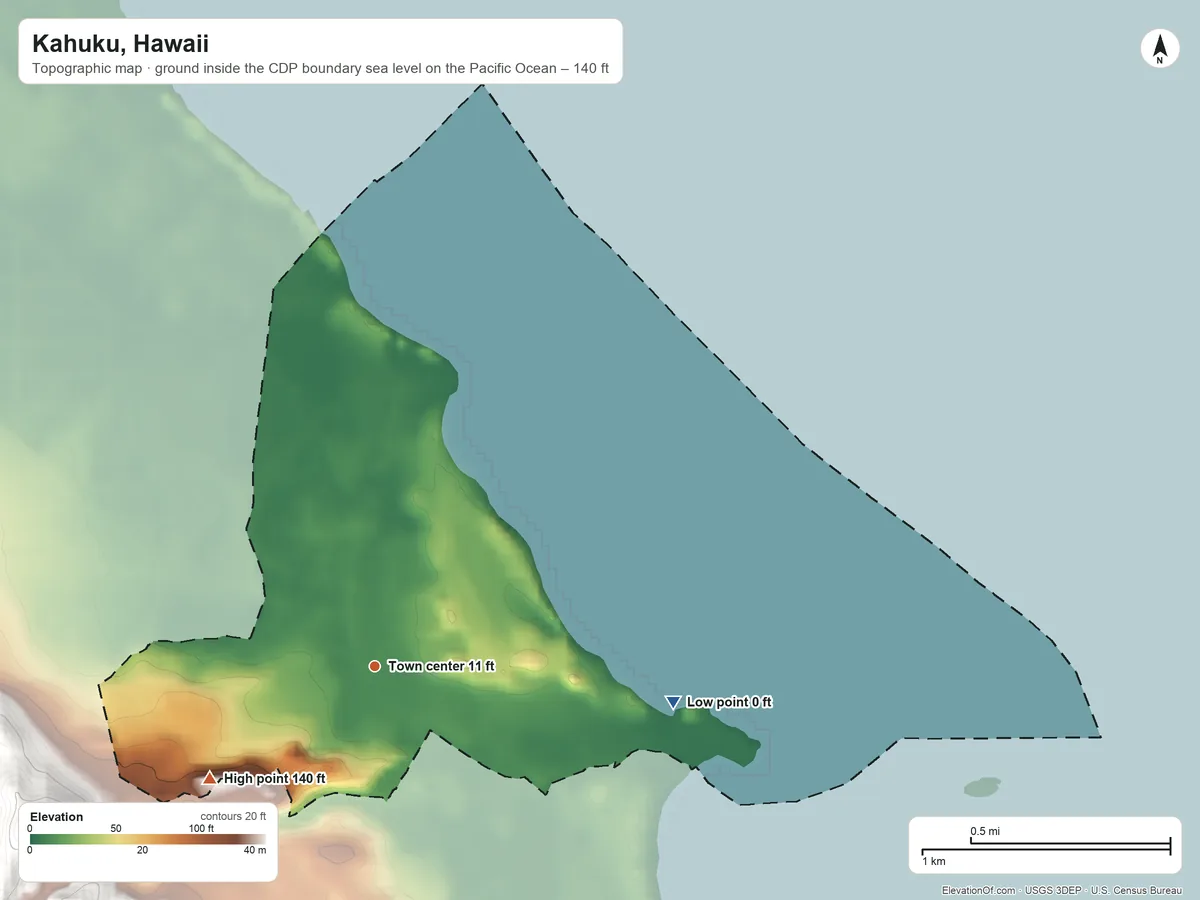 Topographic elevation map of Kahuku, Hawaii, shaded from sea level level on the Pacific Ocean to 140 ft on the southwest edge, below higher ground just outside