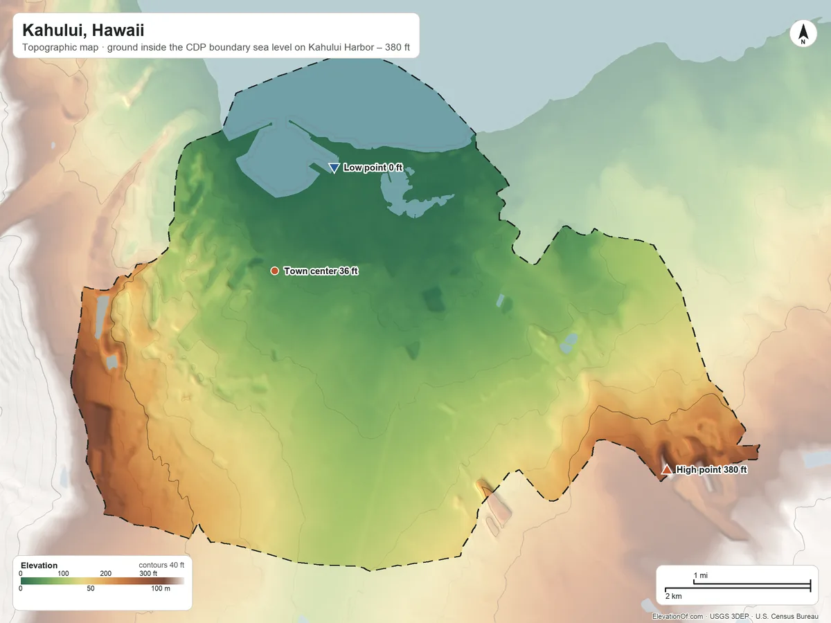 Topographic elevation map of Kahului, Hawaii, shaded from sea level level on Kahului Harbor to 380 ft on the southeast side