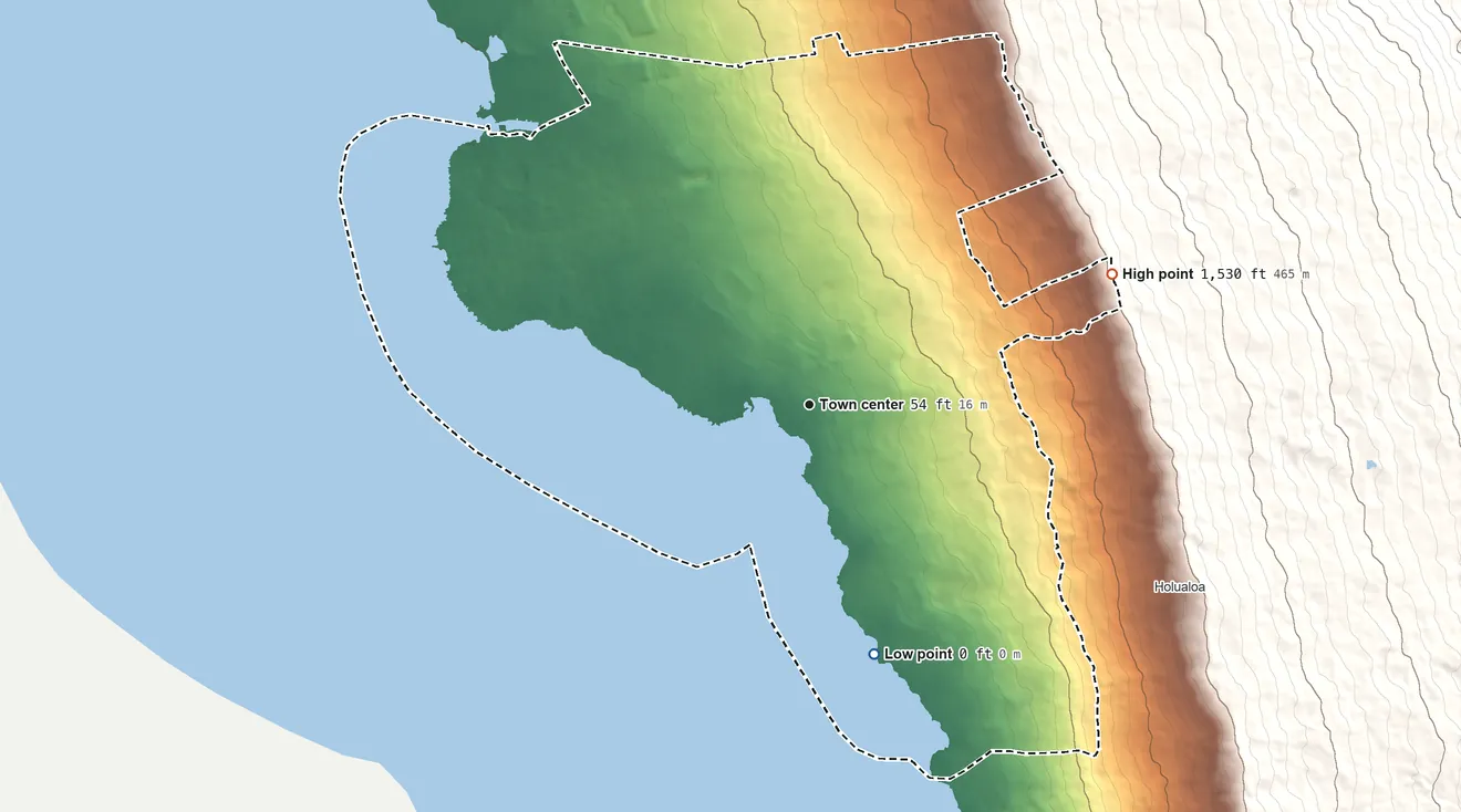 Topographic elevation map of Kailua, Hawaii County, Hawaii, shaded from sea level level on the Pacific Ocean to 1,530 ft on the northeast edge, below higher ground just outside