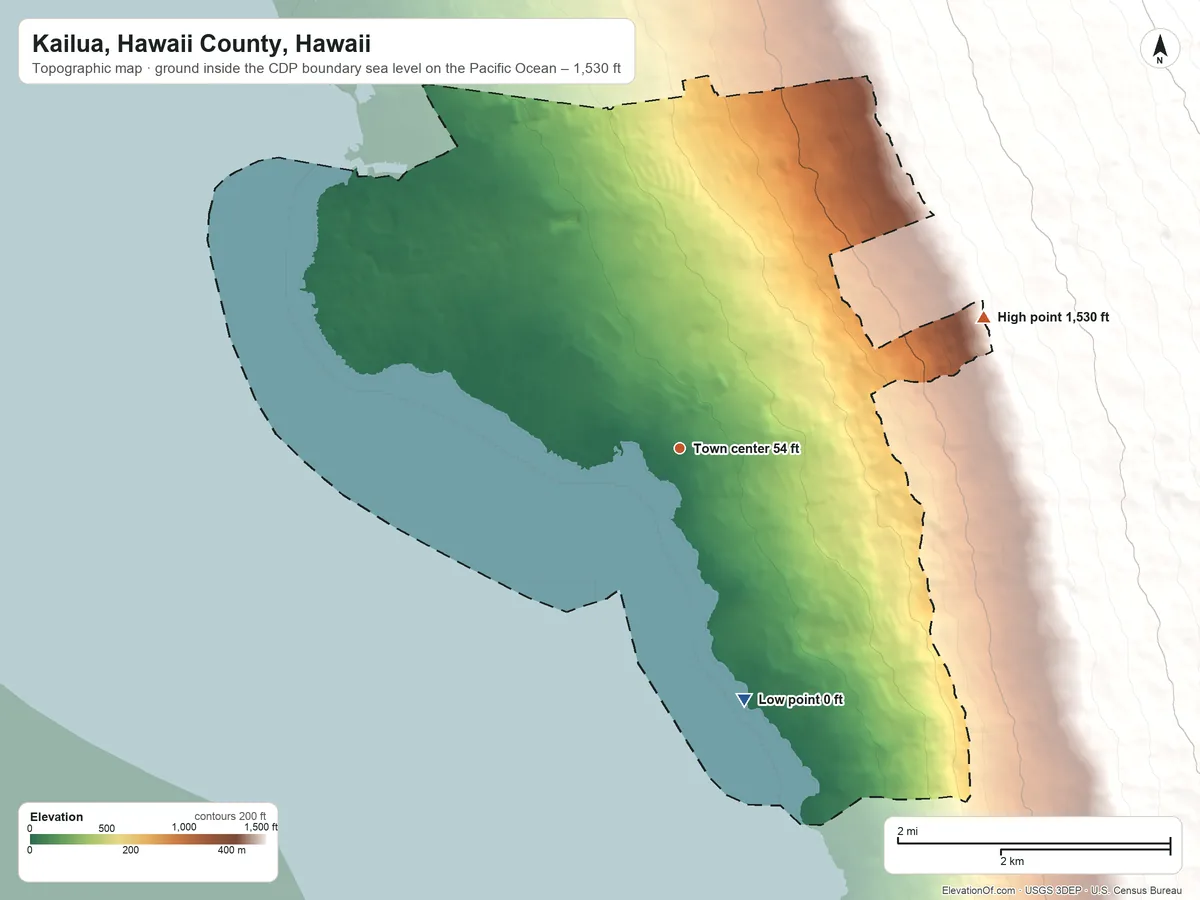Topographic elevation map of Kailua, Hawaii County, Hawaii, shaded from sea level level on the Pacific Ocean to 1,530 ft on the northeast edge, below higher ground just outside