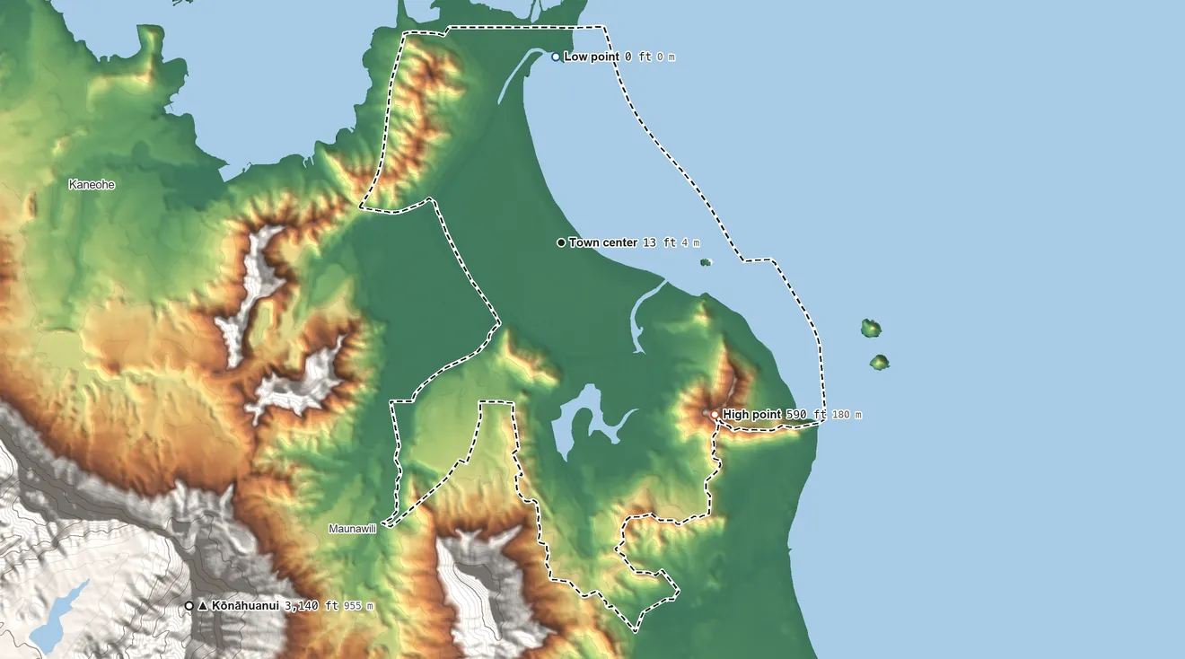 Topographic elevation map of Kailua, Hawaii, shaded from sea level level on the Pacific Ocean to 590 ft on the southeast side