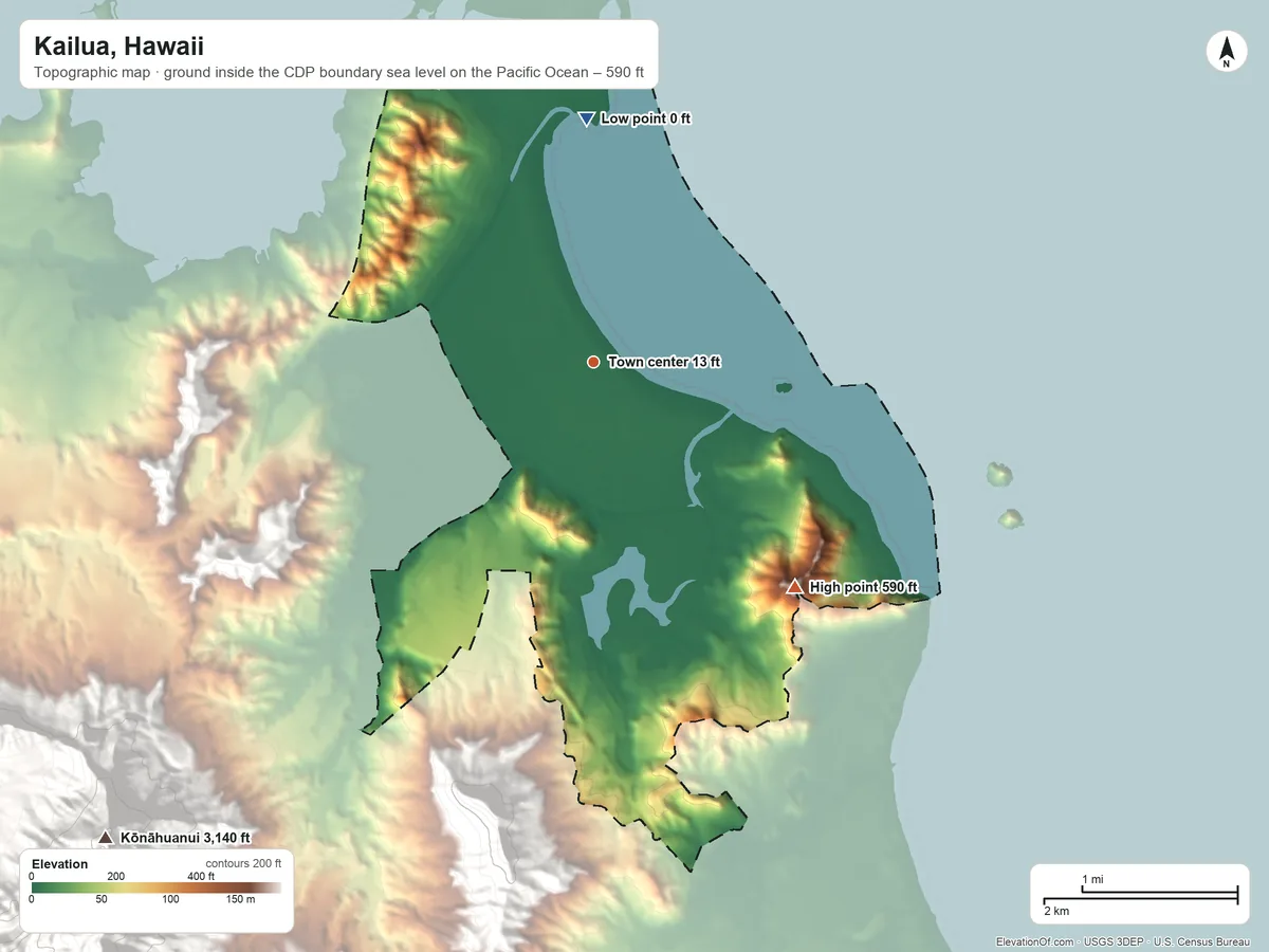 Topographic elevation map of Kailua, Hawaii, shaded from sea level level on the Pacific Ocean to 590 ft on the southeast side