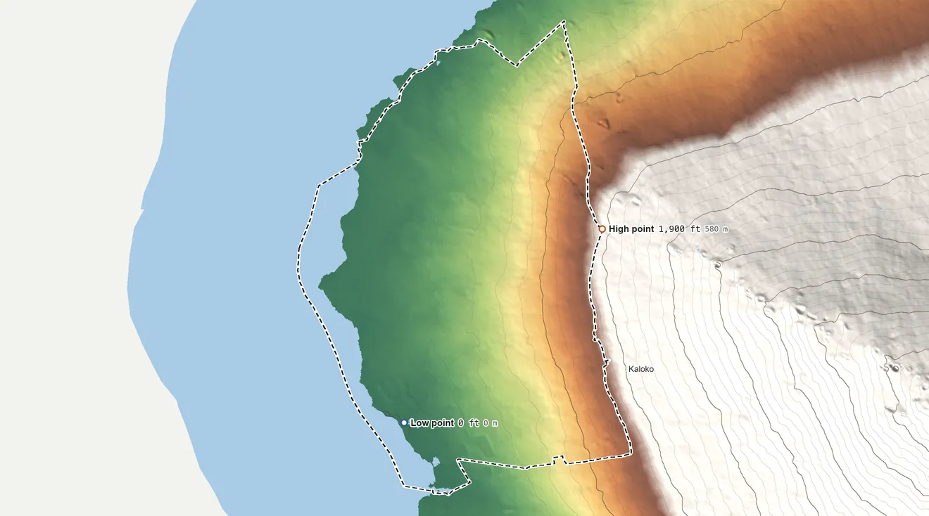 Topographic elevation map of Kaiminani, Hawaii, shaded from sea level level on the Pacific Ocean to 1,900 ft on the northeast edge, below higher ground just outside