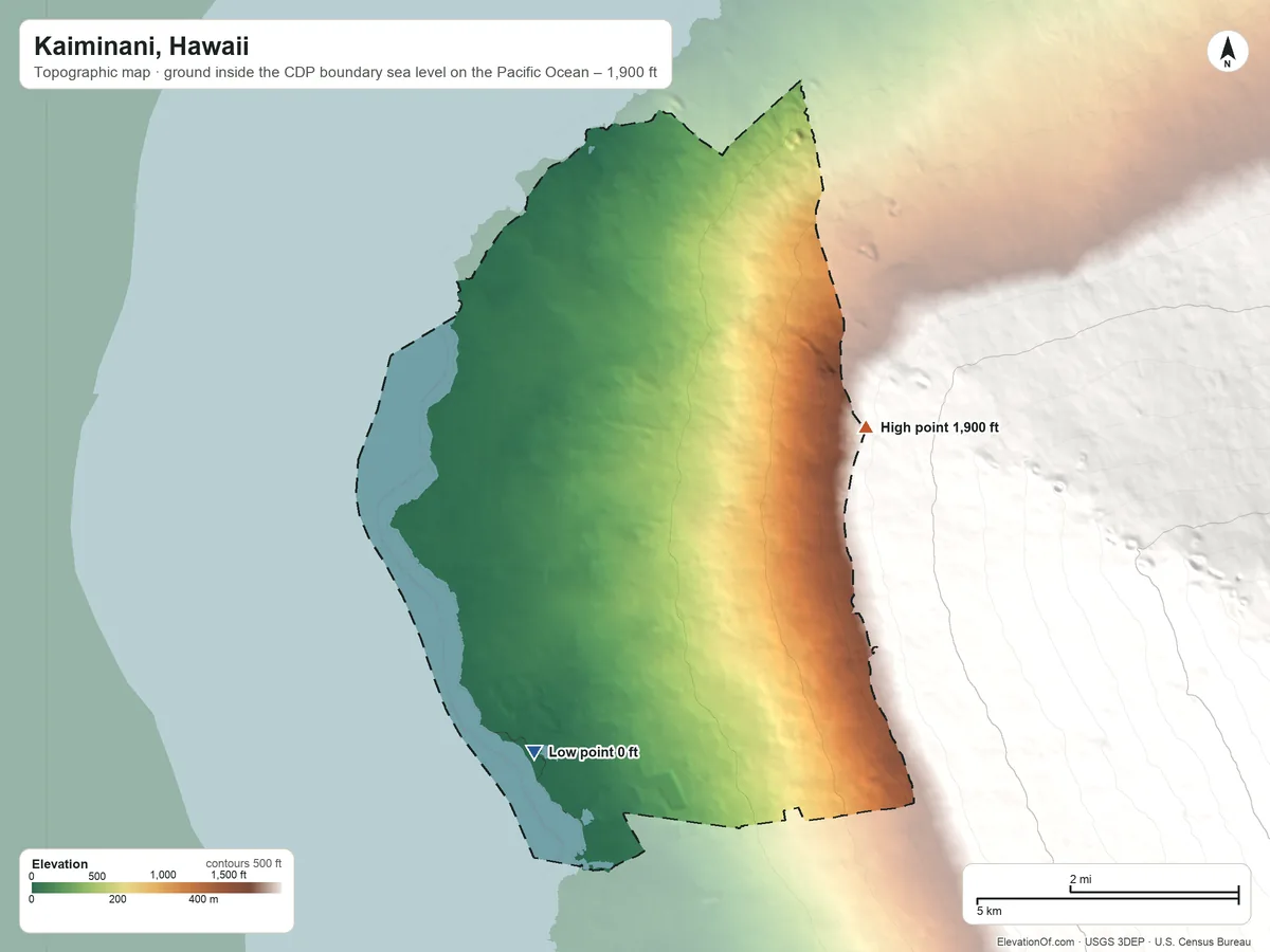 Topographic elevation map of Kaiminani, Hawaii, shaded from sea level level on the Pacific Ocean to 1,900 ft on the northeast edge, below higher ground just outside