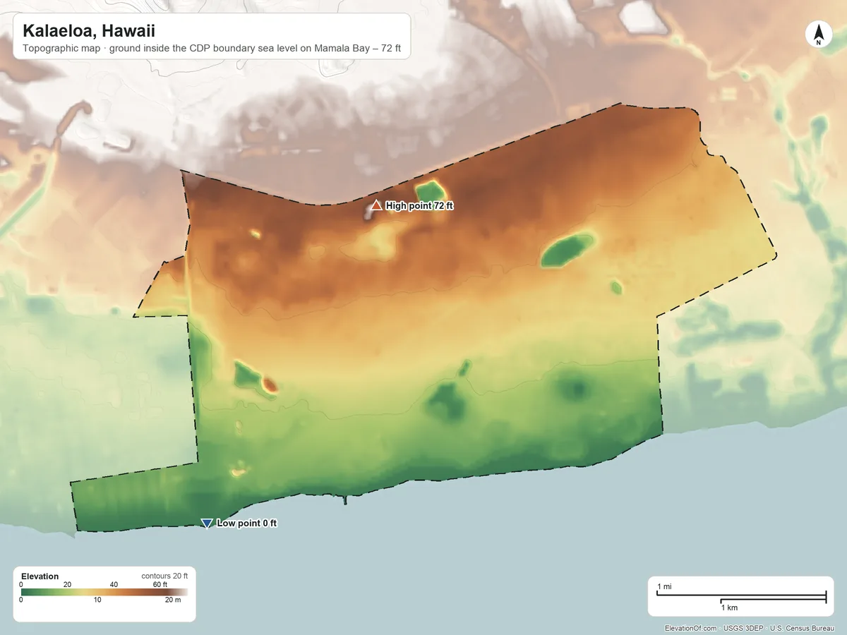 Topographic elevation map of Kalaeloa, Hawaii, shaded from sea level level on Mamala Bay to 72 ft at the foot of the Waiʻanae Range