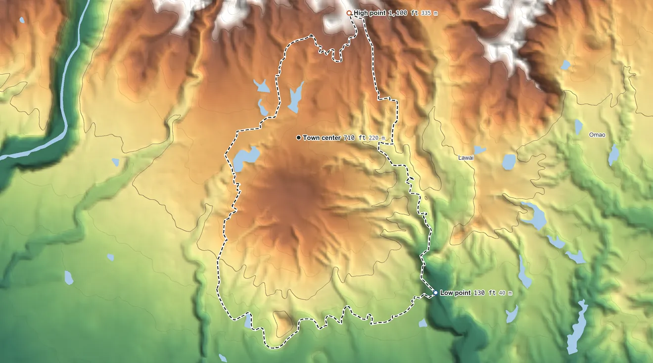 Topographic elevation map of Kalaheo, Hawaii, shaded from 130 ft on the southeast side to 1,100 ft on the north edge, below higher ground just outside
