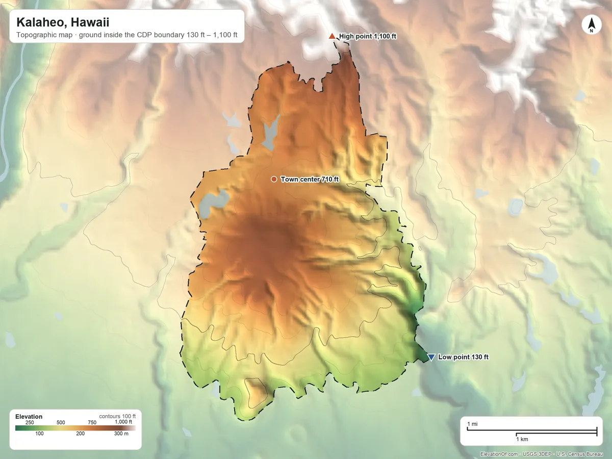 Topographic elevation map of Kalaheo, Hawaii, shaded from 130 ft on the southeast side to 1,100 ft on the north edge, below higher ground just outside