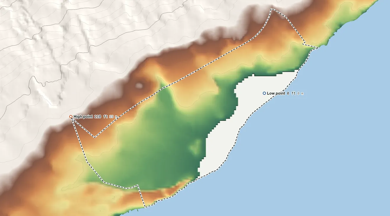 Topographic elevation map of Kalapana, Hawaii, shaded from sea level level on the Pacific Ocean to 110 ft on the west edge, below higher ground just outside