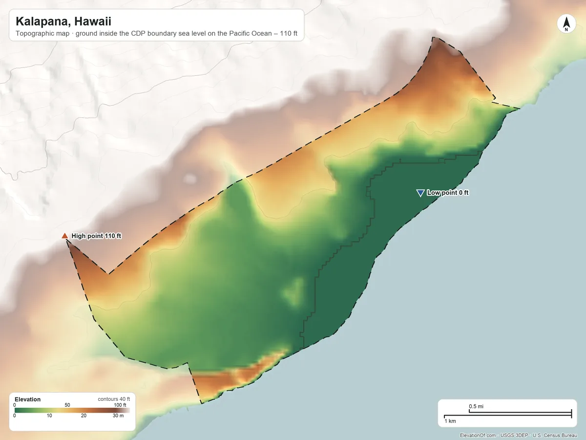 Topographic elevation map of Kalapana, Hawaii, shaded from sea level level on the Pacific Ocean to 110 ft on the west edge, below higher ground just outside