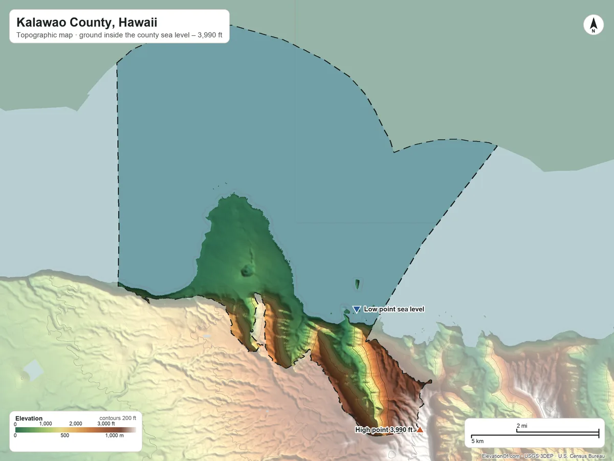 Topographic elevation map of Kalawao County, Hawaii, shaded from sea level on the Pacific Ocean to 3,990 ft on the southeast side