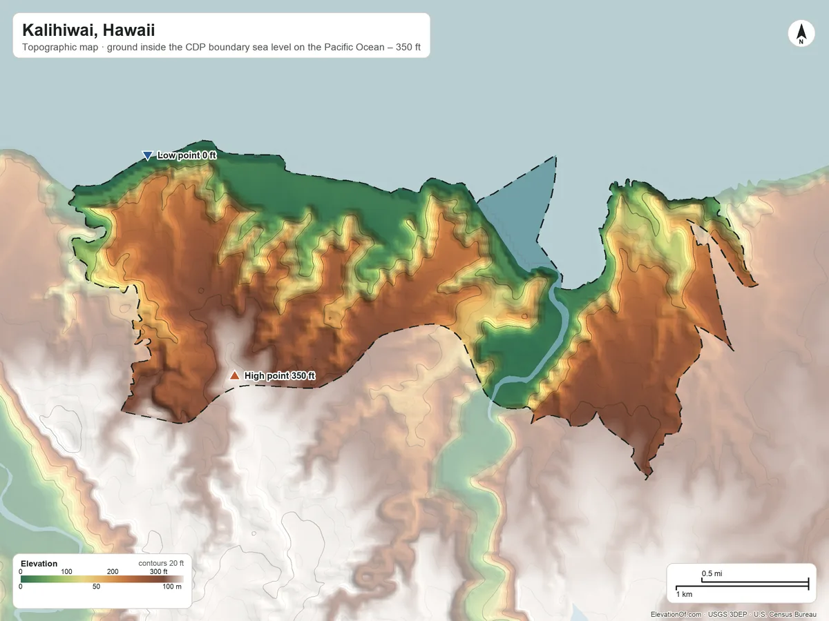 Topographic elevation map of Kalihiwai, Hawaii, shaded from sea level level on the Pacific Ocean to 350 ft on the west side