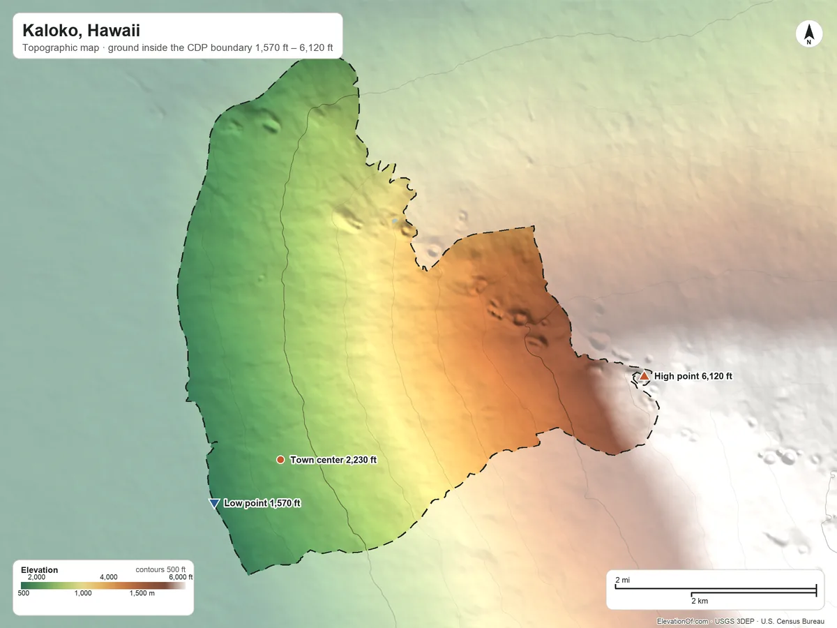 Topographic elevation map of Kaloko, Hawaii, shaded from 1,570 ft on the southwest side to 6,120 ft on the east edge, below higher ground just outside