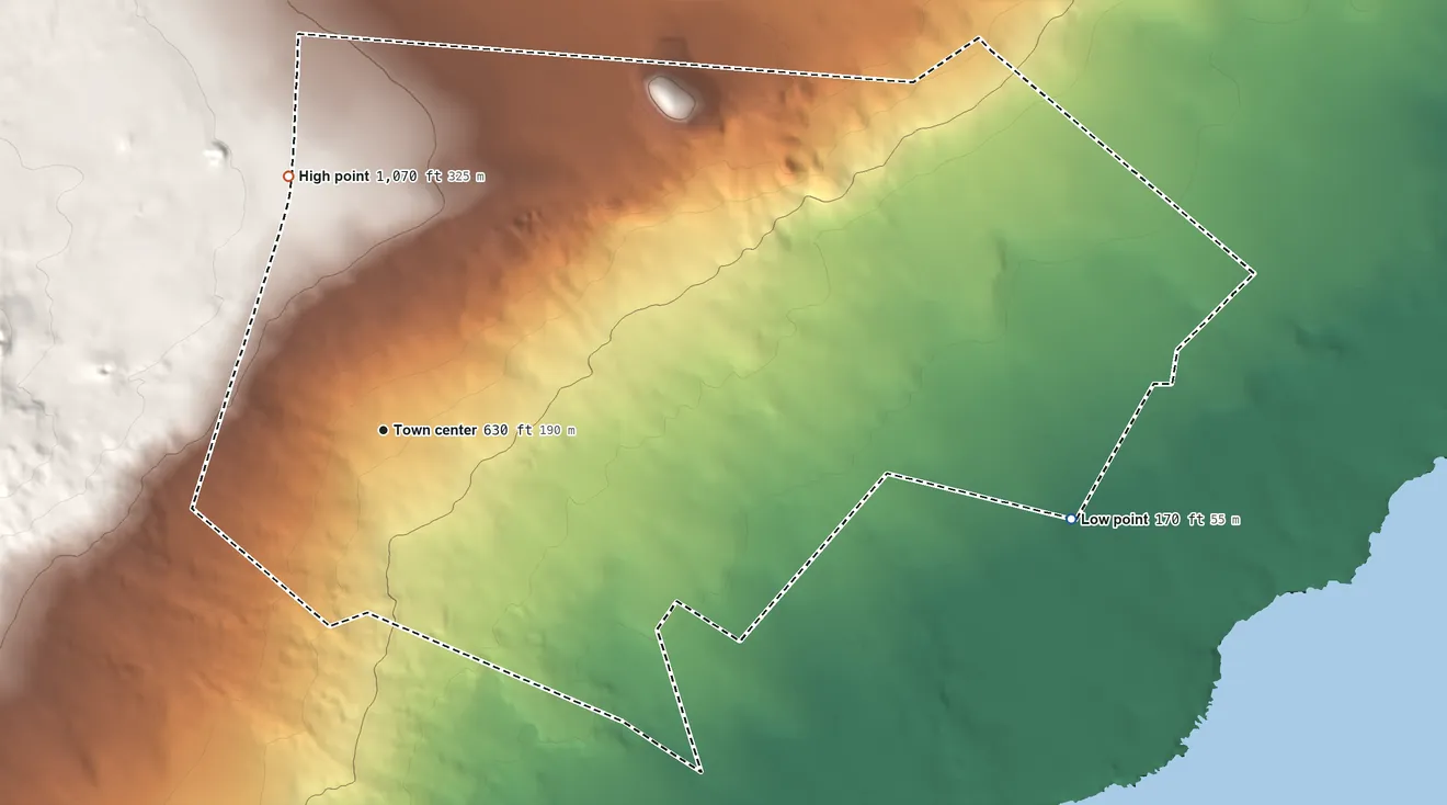 Topographic elevation map of Kamaili, Hawaii, shaded from 170 ft on the east side to 1,070 ft on the north edge, below higher ground just outside