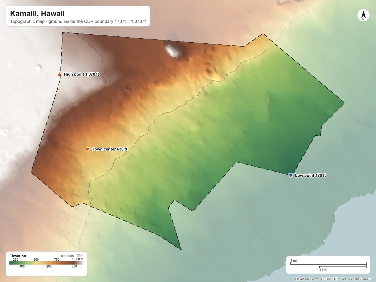 Topographic elevation map of Kamaili, Hawaii, shaded from 170 ft on the east side to 1,070 ft on the north edge, below higher ground just outside