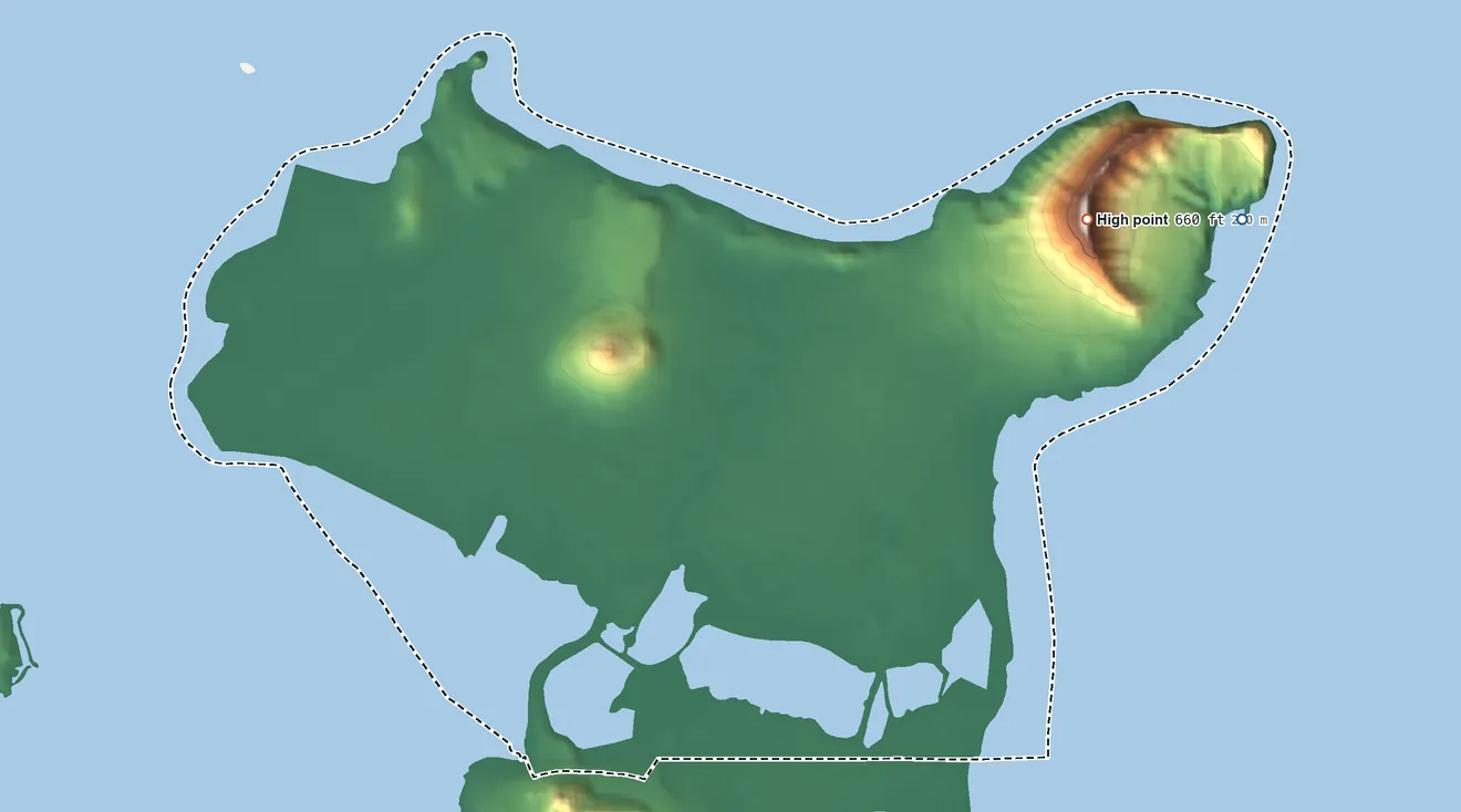 Topographic elevation map of Kaneohe Base, Hawaii, shaded from sea level level on the Pacific Ocean to 663 ft on Ulupaʻu Head