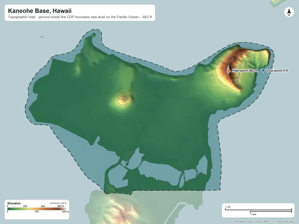 Topographic elevation map of Kaneohe Base, Hawaii, shaded from sea level level on the Pacific Ocean to 663 ft on Ulupaʻu Head
