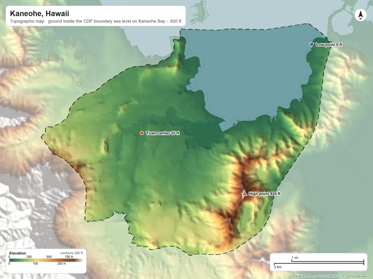Topographic elevation map of Kaneohe, Hawaii, shaded from sea level level on Kaneohe Bay to 920 ft on the southeast side