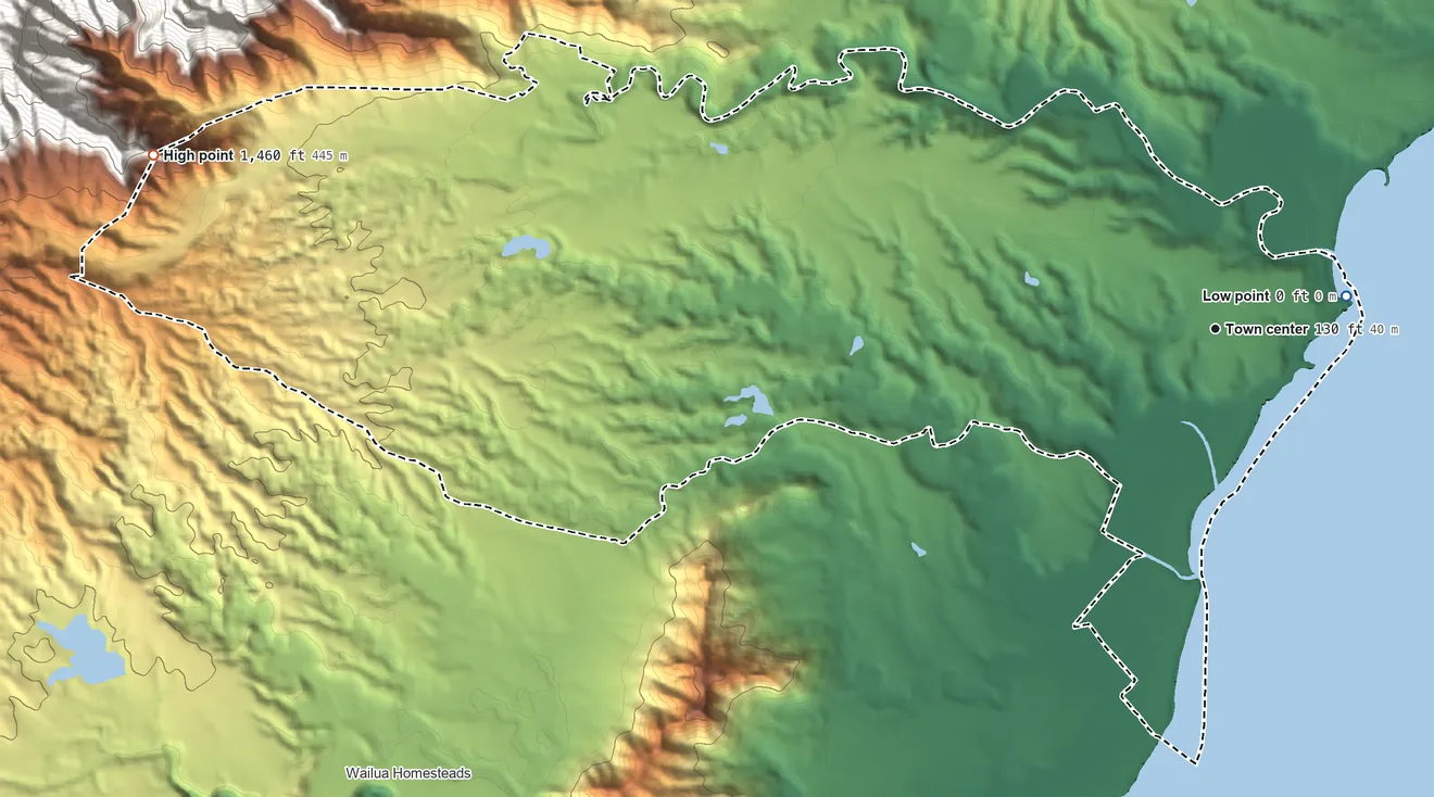 Topographic elevation map of Kapaa, Hawaii, shaded from sea level level on the Pacific Ocean to 1,460 ft on the west edge, below higher ground just outside