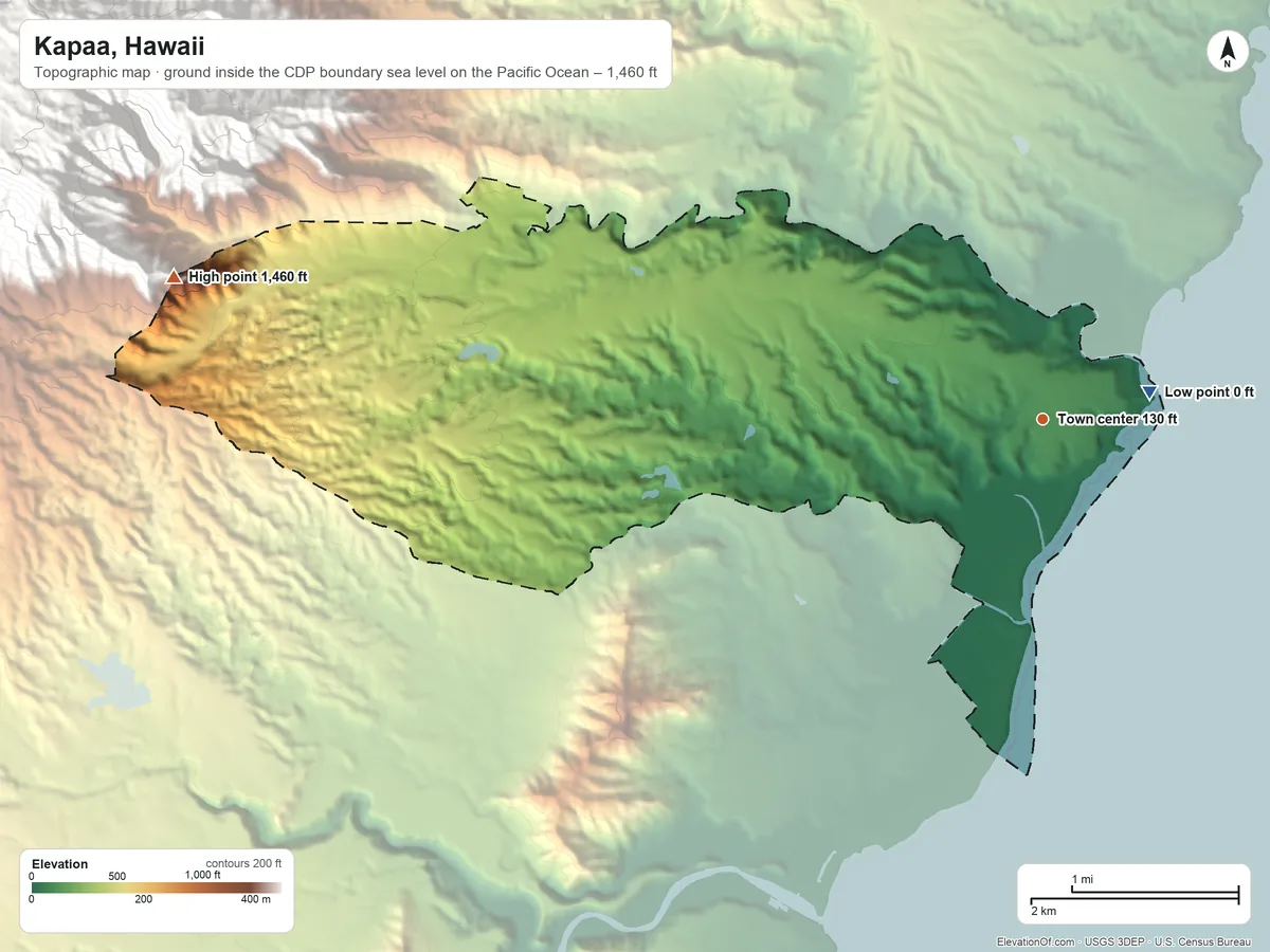 Topographic elevation map of Kapaa, Hawaii, shaded from sea level level on the Pacific Ocean to 1,460 ft on the west edge, below higher ground just outside