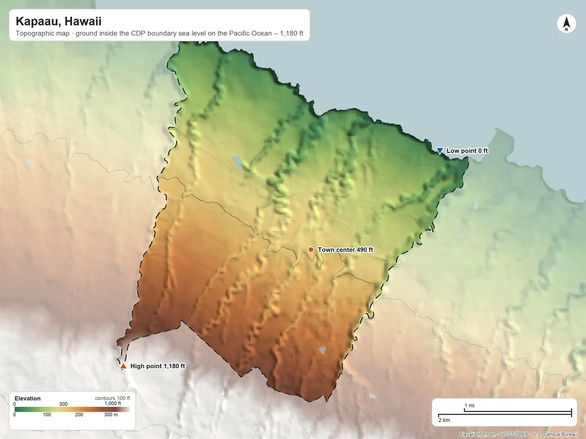 Topographic elevation map of Kapaau, Hawaii, shaded from sea level level on the Pacific Ocean to 1,180 ft at the foot of the Kohala Mountains