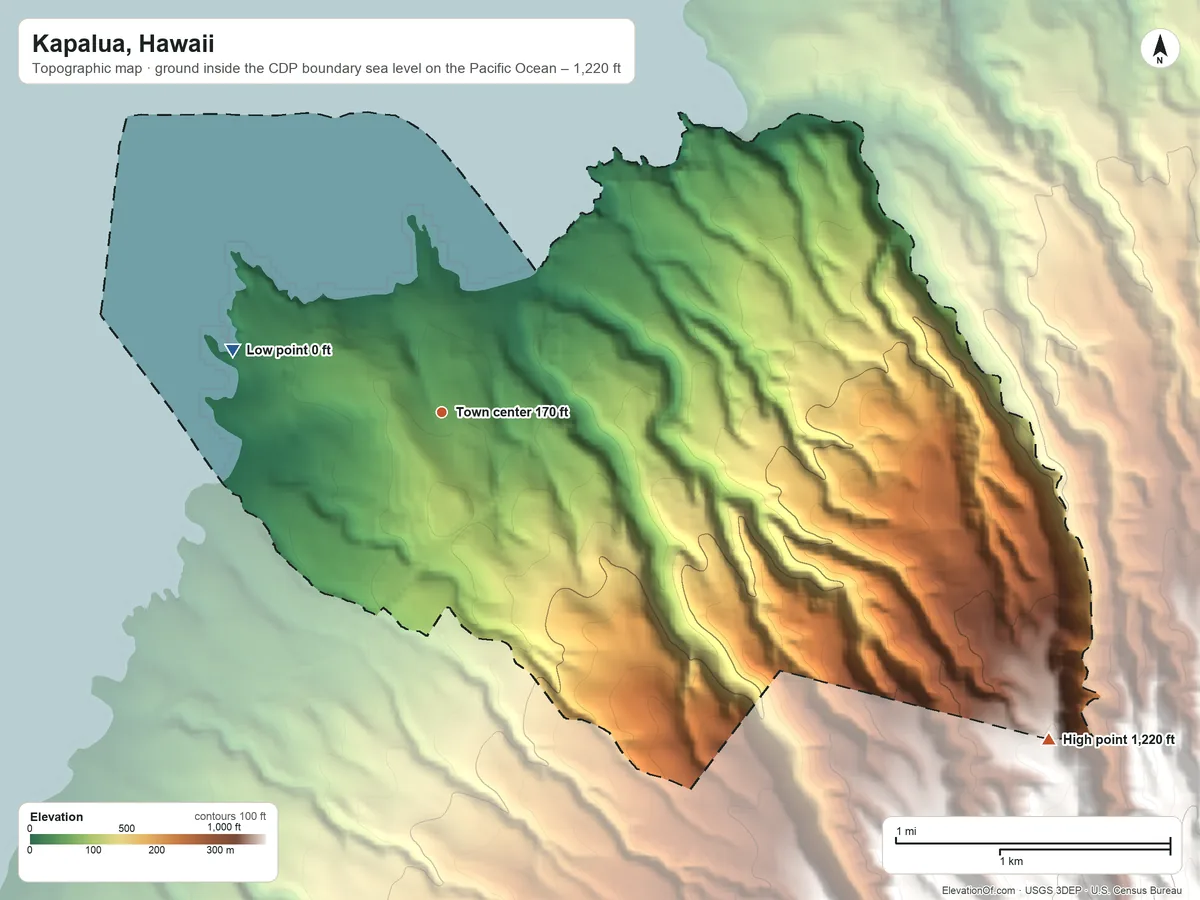 Topographic elevation map of Kapalua, Hawaii, shaded from sea level level on the Pacific Ocean to 1,220 ft on the southeast edge, below higher ground just outside