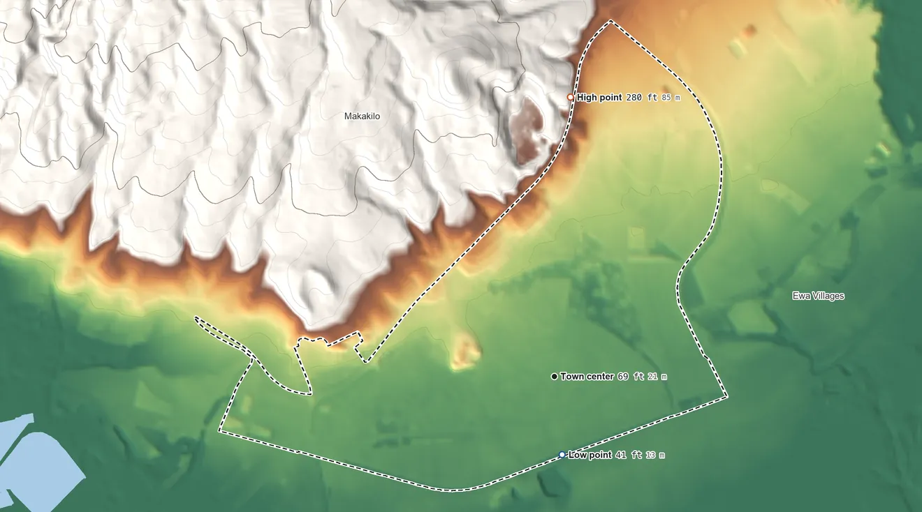 Topographic elevation map of Kapolei, Hawaii, shaded from 41 ft on the south side to 280 ft at the foot of the Waiʻanae Range