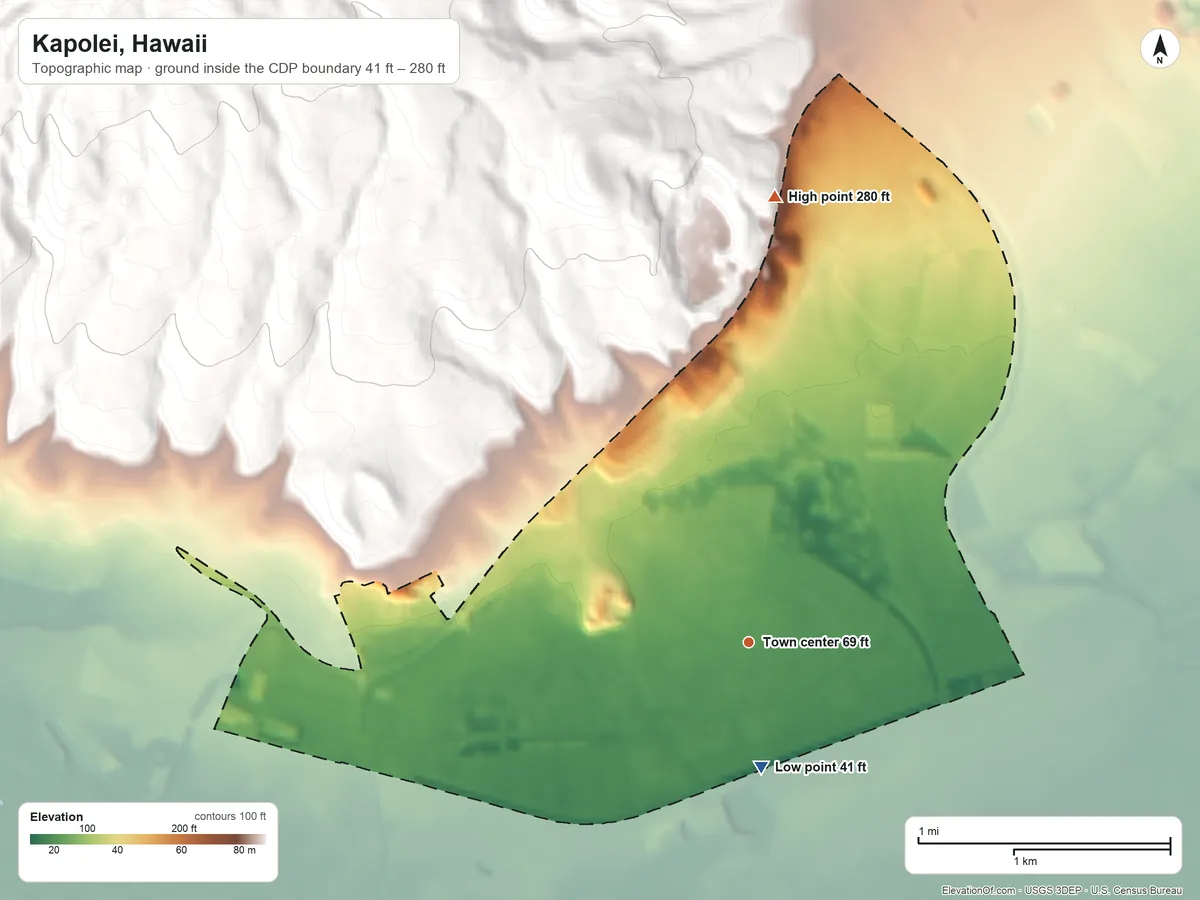 Topographic elevation map of Kapolei, Hawaii, shaded from 41 ft on the south side to 280 ft at the foot of the Waiʻanae Range