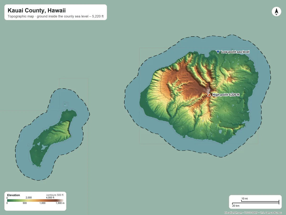 Topographic elevation map of Kauai County, Hawaii, shaded from sea level on the Pacific Ocean to 5,220 ft on Kawaikini