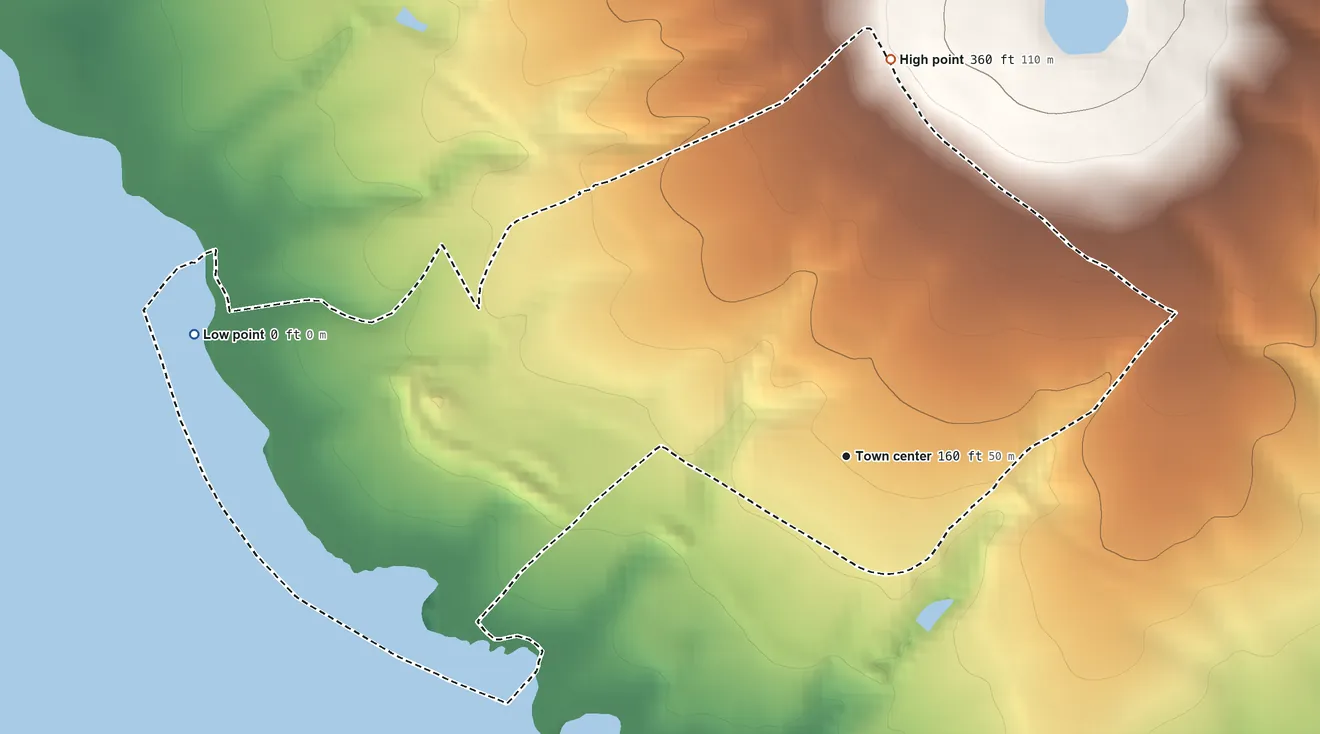 Topographic elevation map of Kaumakani, Hawaii, shaded from sea level level on the Pacific Ocean to 360 ft on the north side
